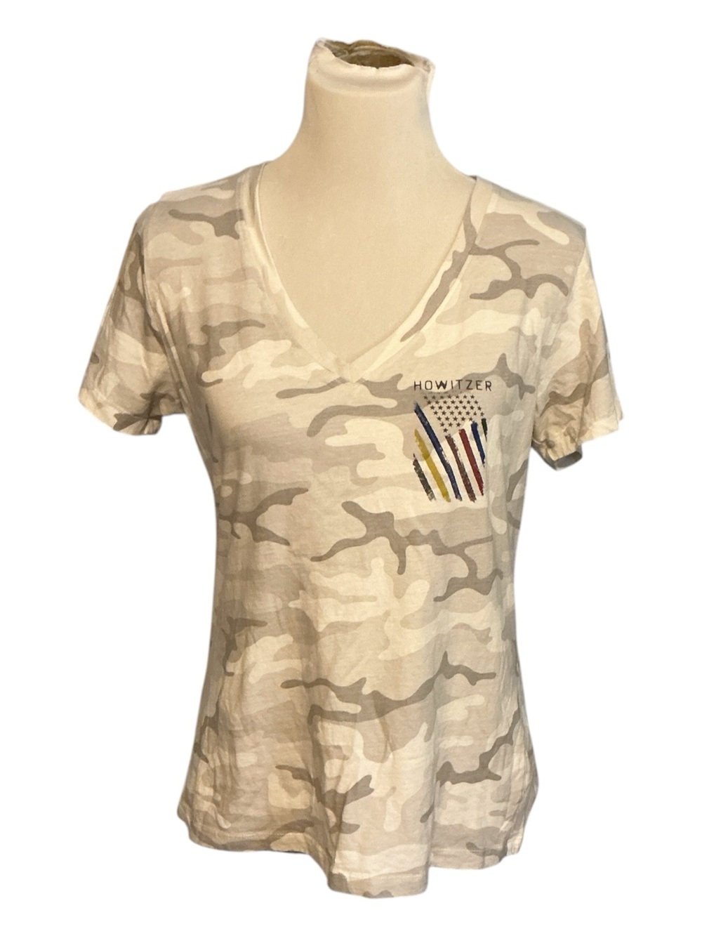 Women's Beige Camo V-Neck Tee